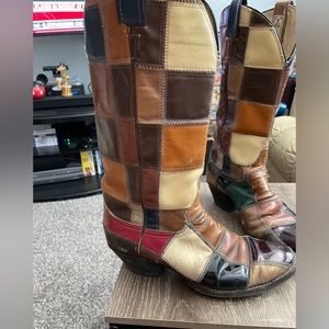 1970s Vintage Larry Mohan Patchwork Boots with Patent Leather Patches